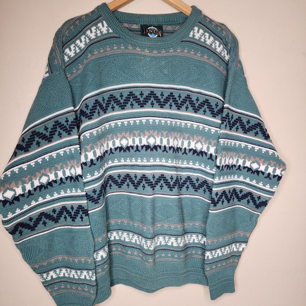 Vintage 90s Jantzen Sweater Mens Large Teal Green Geometric Southwestern USA - Picture 9 of 11